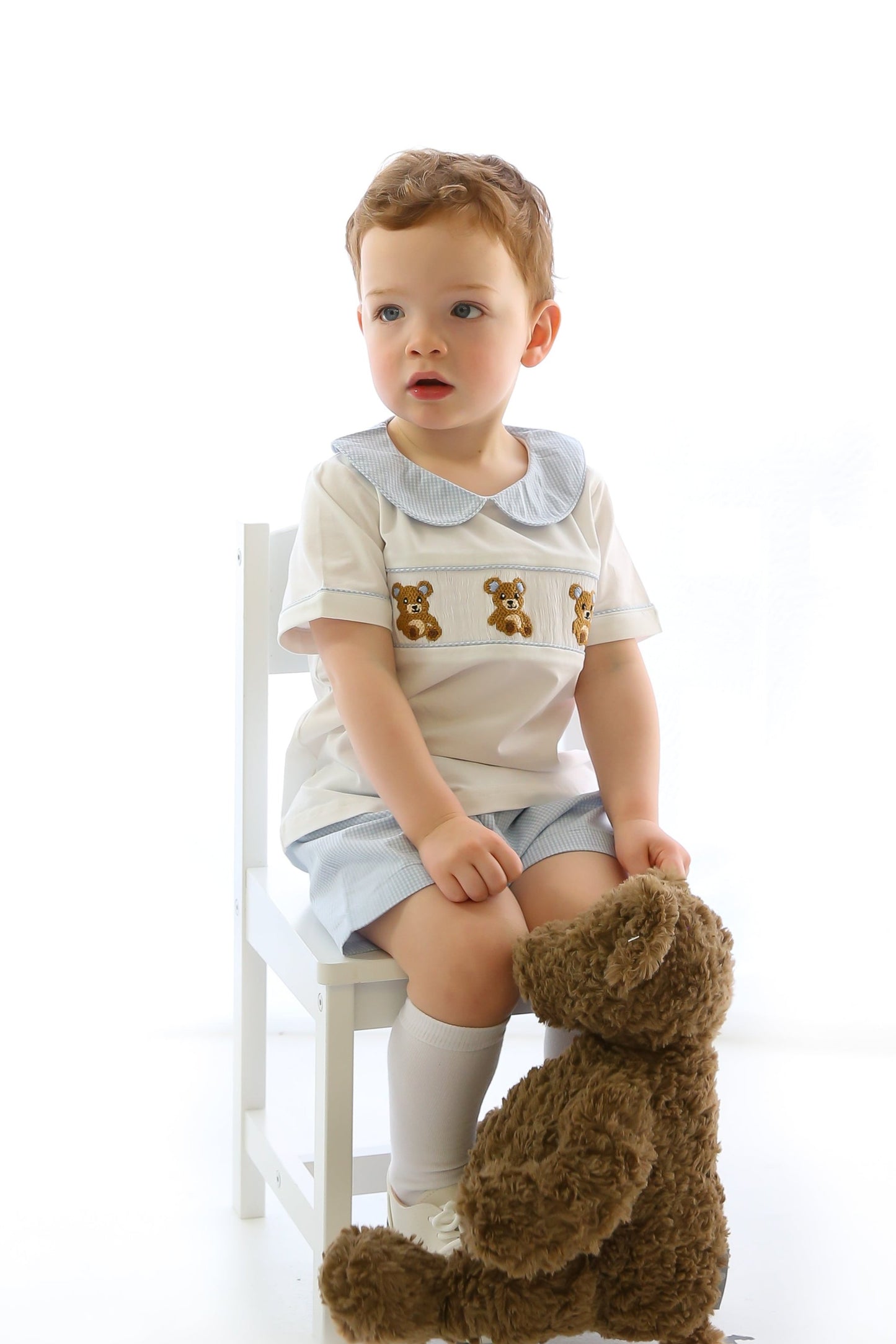 heirloom clothing, classic clothing, boys bubble, bubble, romper, traditional clothing, collared, smocked, embroidered, royal baby clothes, peter pan collar, baby boys, teddy smocked, teddy bear