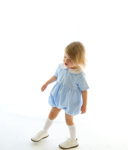 Classic clothing, boys bubble, heirloom, royal, baby blue, collared romper, boys romper